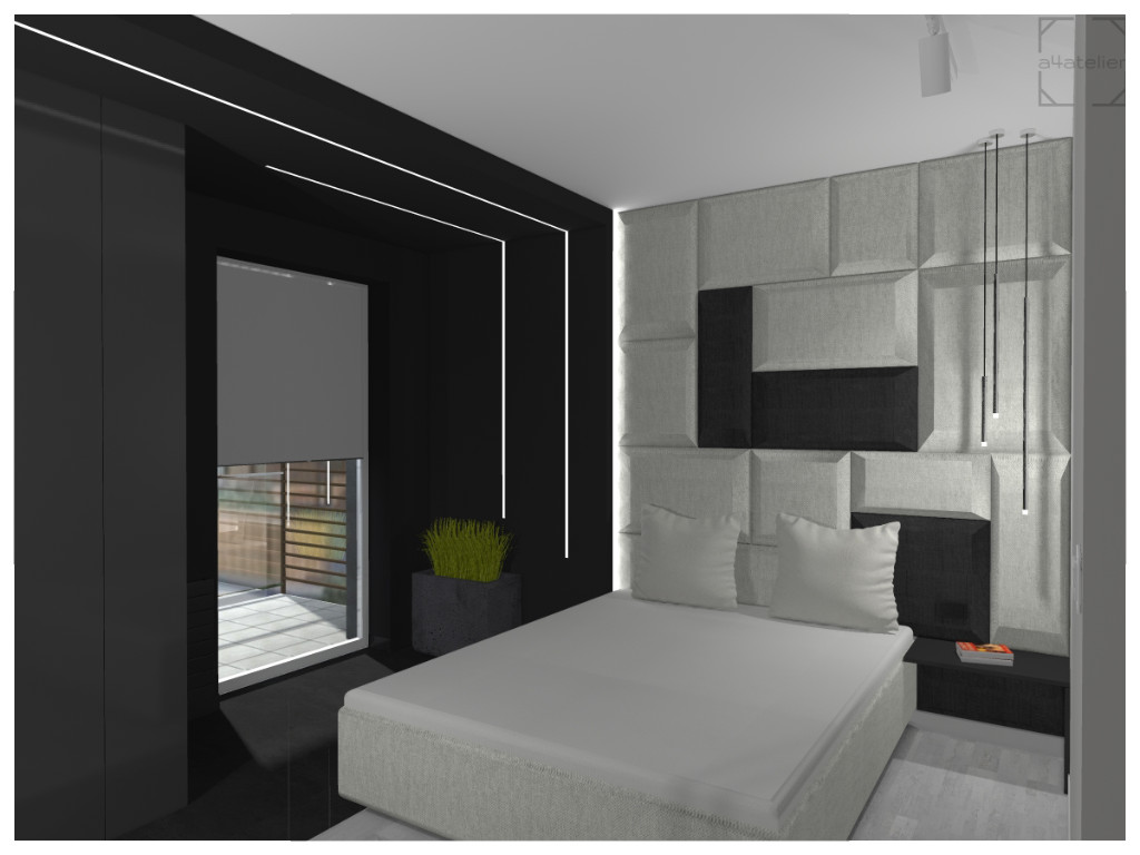 projekt sypialni z wezgłowiem tapicerowanym - aranżacja mieszkania Katowice dolina Trzech Stawów